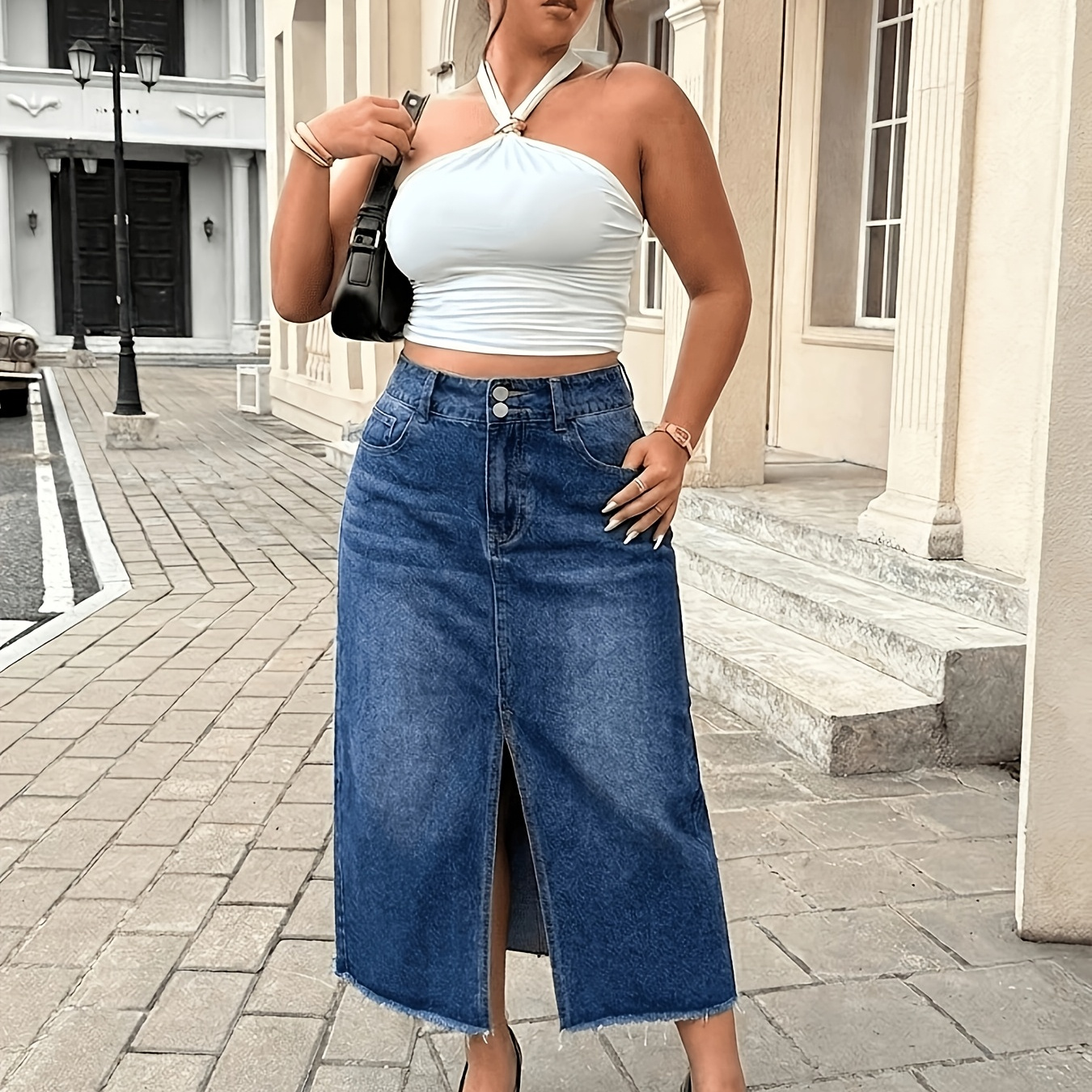 womens long denim skirt high waist split skirt zipper maxi - Temu