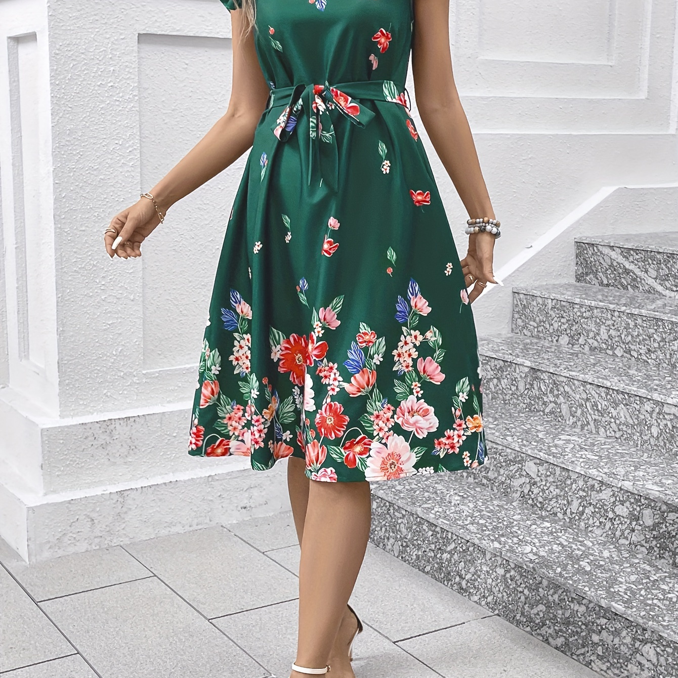 

Floral Print Crew Neck Dress, Elegant Ruffle Sleeve Belted Dress For Spring & Summer, Women's Clothing