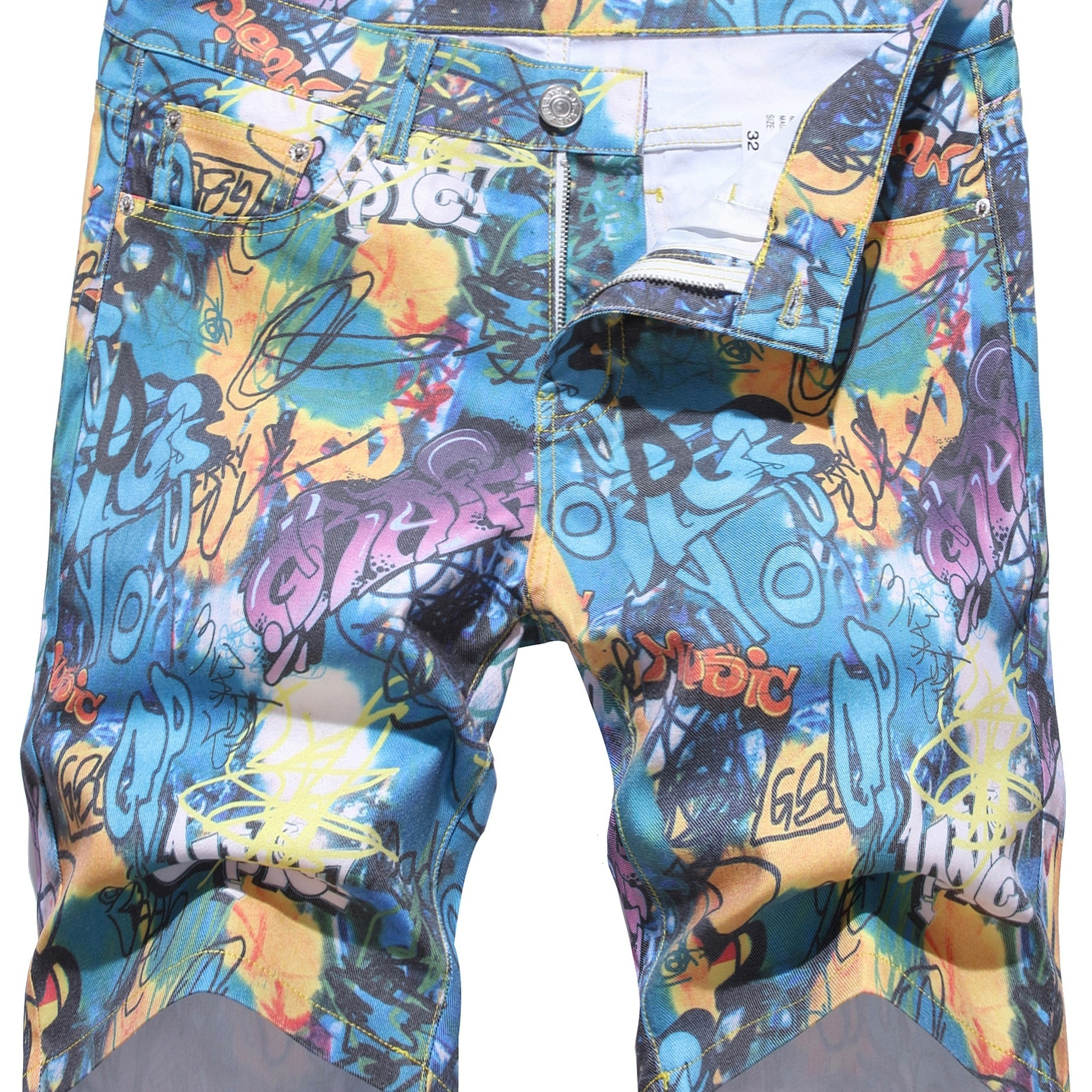 Plus Size Men's Trendy Graffiti Pattern Digital Print Jean Shorts Without Stretch