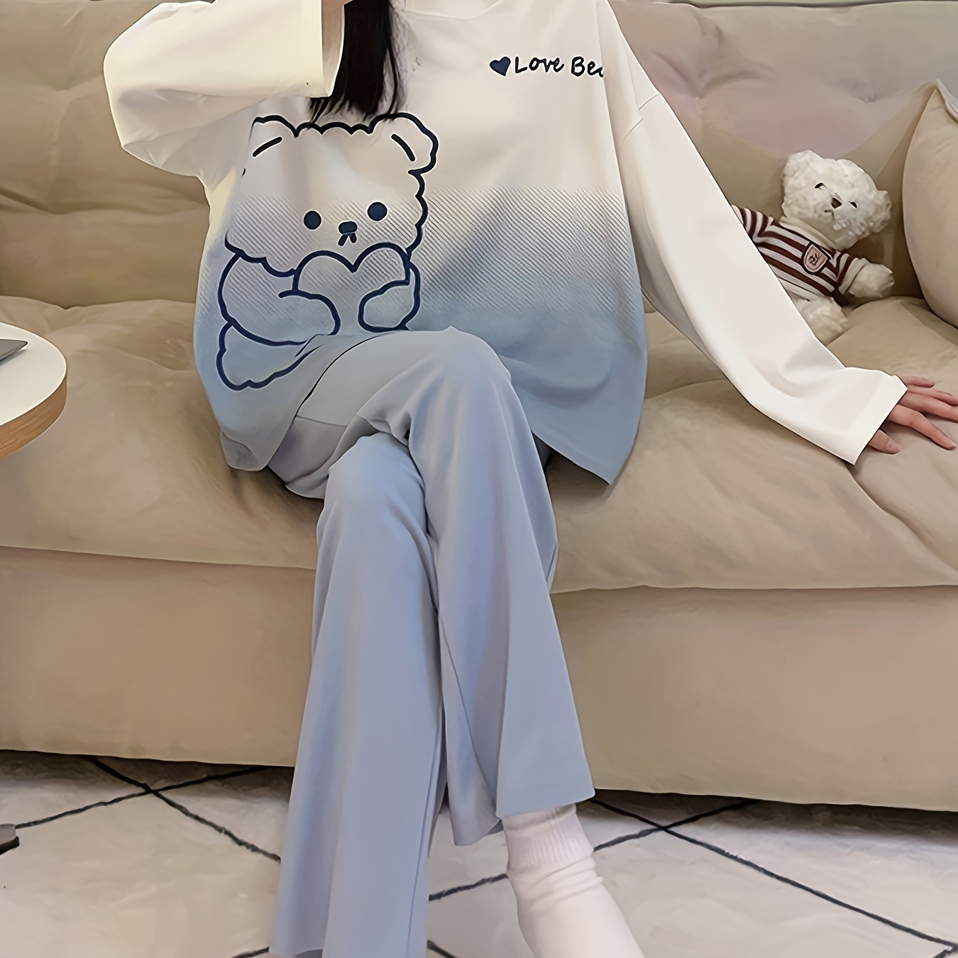 

Cartoon Bear Print Pajama Set, Long Sleeve Crew Neck Top & Elastic Waistband Pants, Women's Sleepwear & Loungewear
