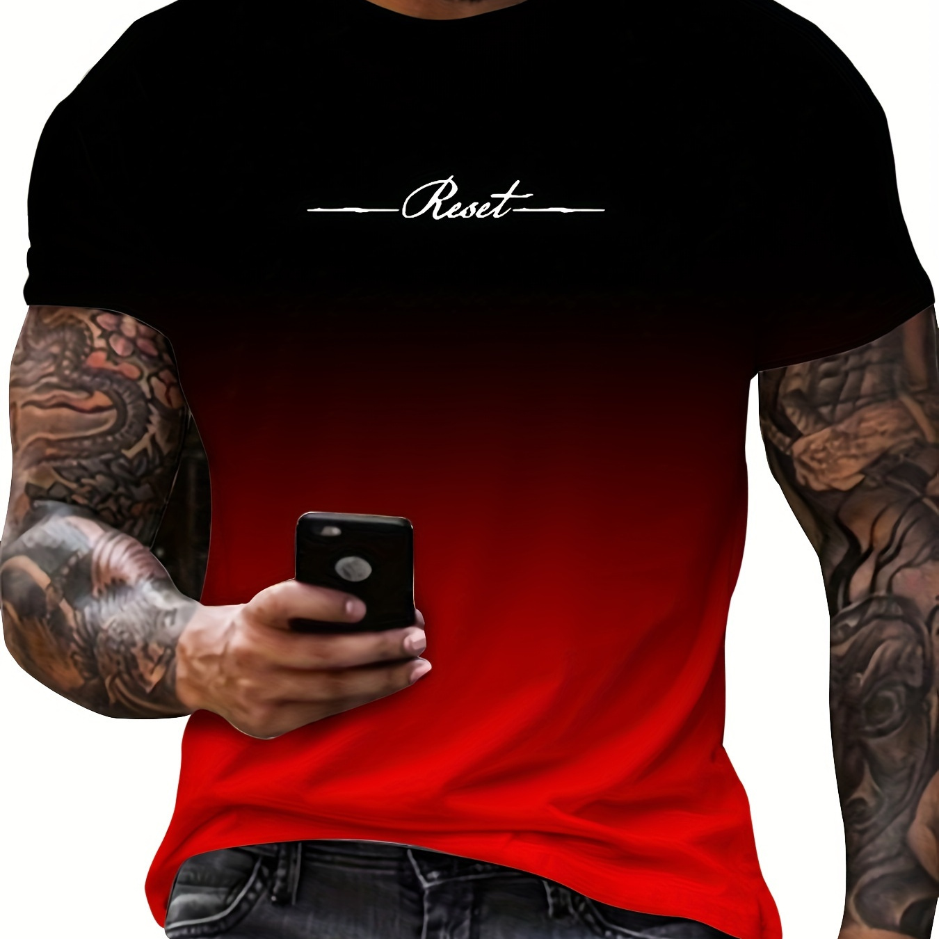 

Reset Print Plus Size Men's Short Sleeve Gradient Color T-shirt, Casual Fashionable Tee For Outdoor Sports And Leisure