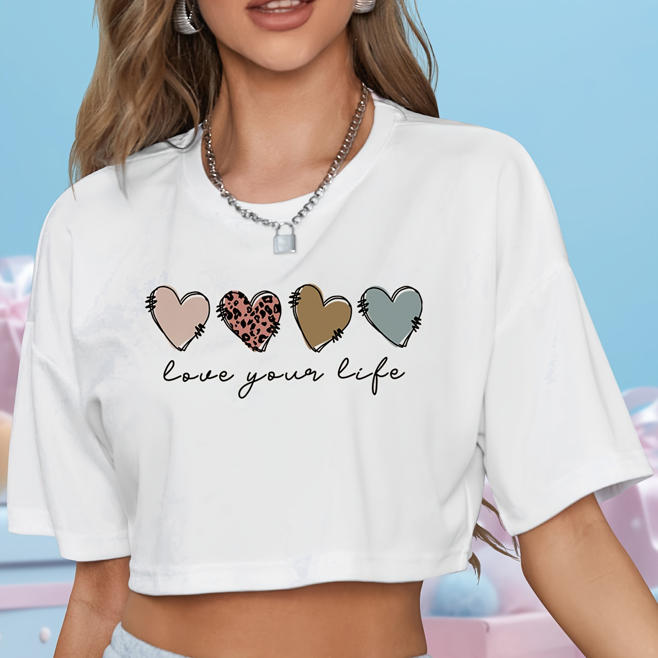 

Valentine's Day Love Heart & Letter Print Top - Casual Short Sleeve, Breathable Polyester, Machine Washable - Women'