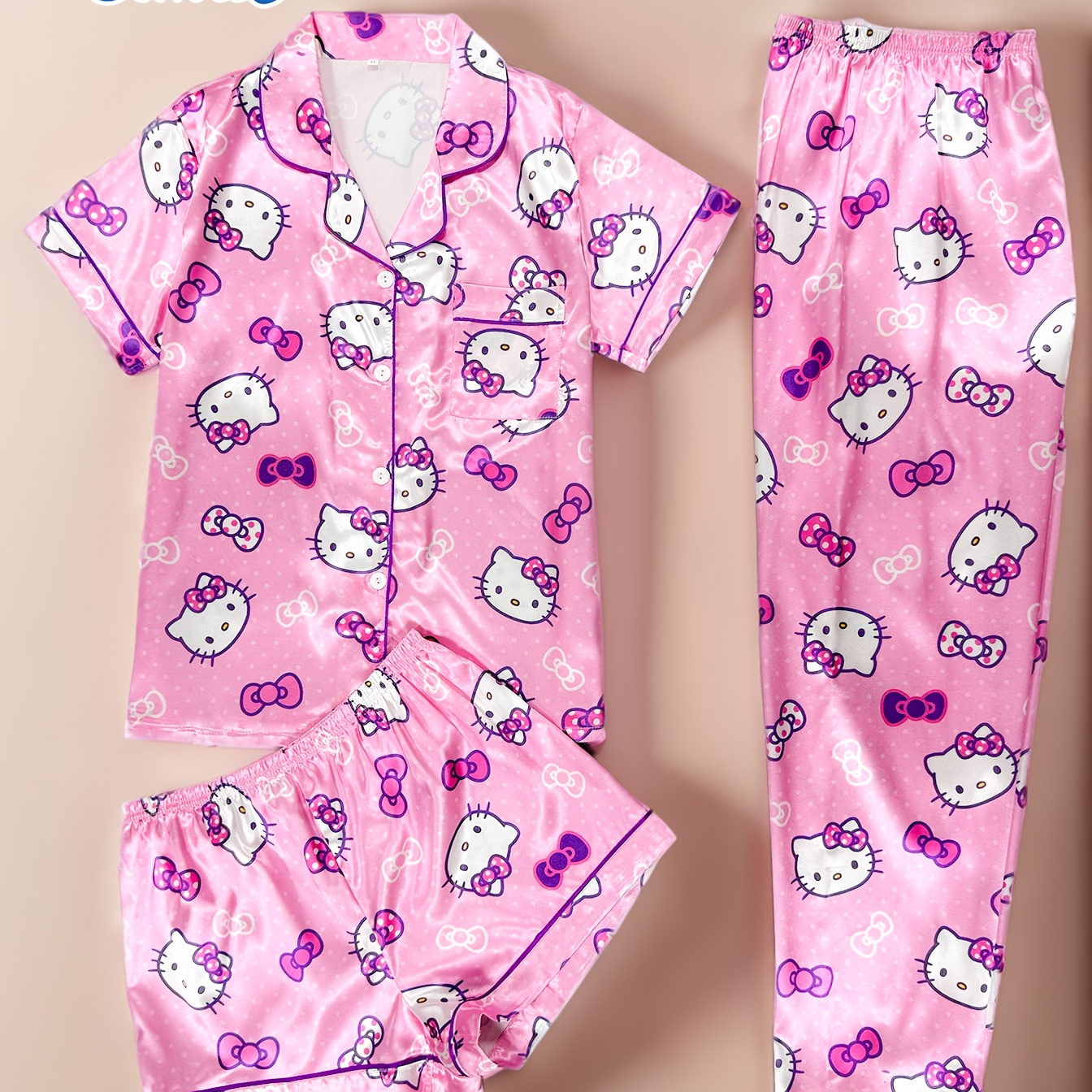 

Sanrio Hello Kitty Satin Youth Pajama Three-piece Set, Collar Button-opening Short Sleeve Top And Pants + Shorts Home Suit