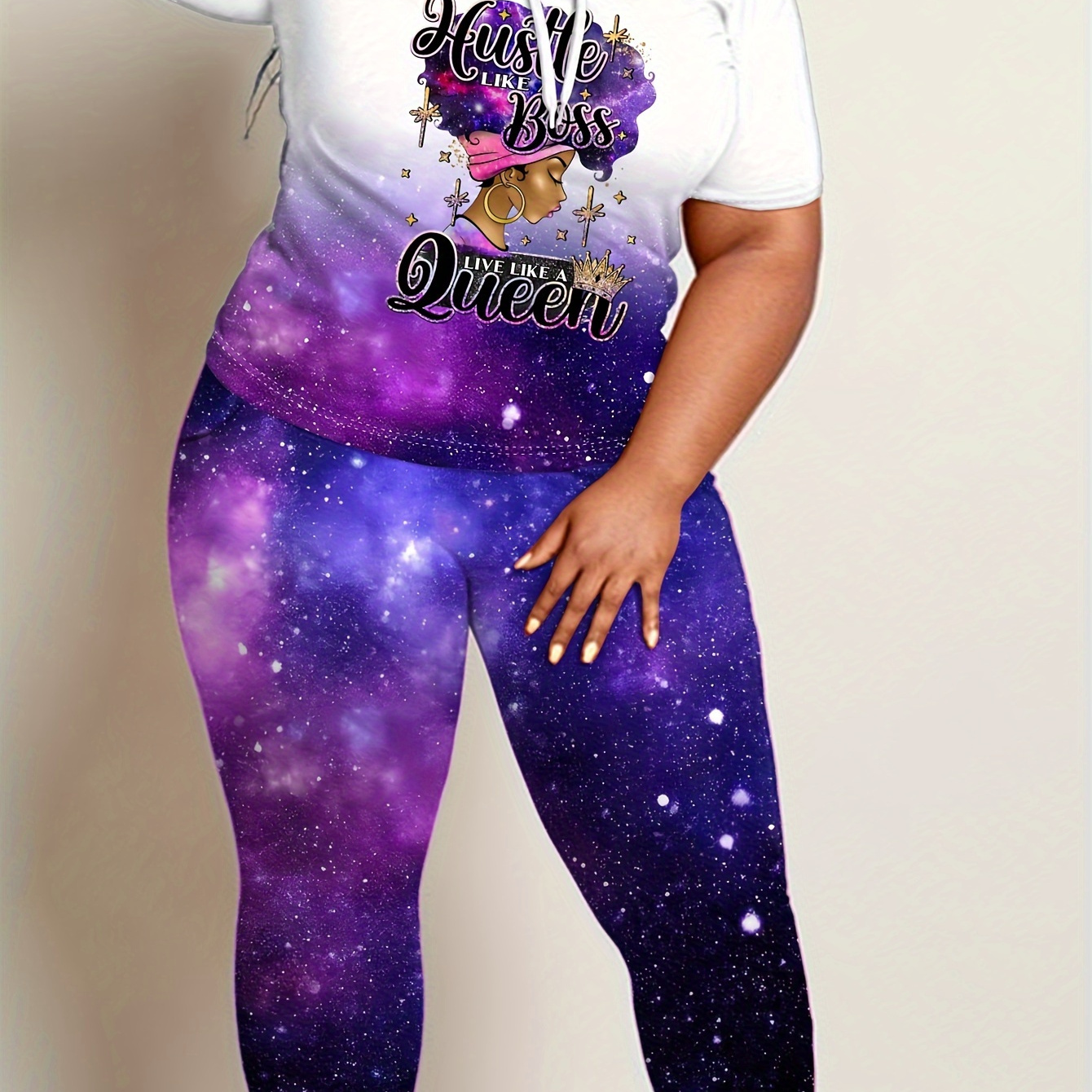 

Plus Size Letter Print Two-piece Set, Short Sleeve Hooded Top & Pants Outfits, Women's Plus Size clothing