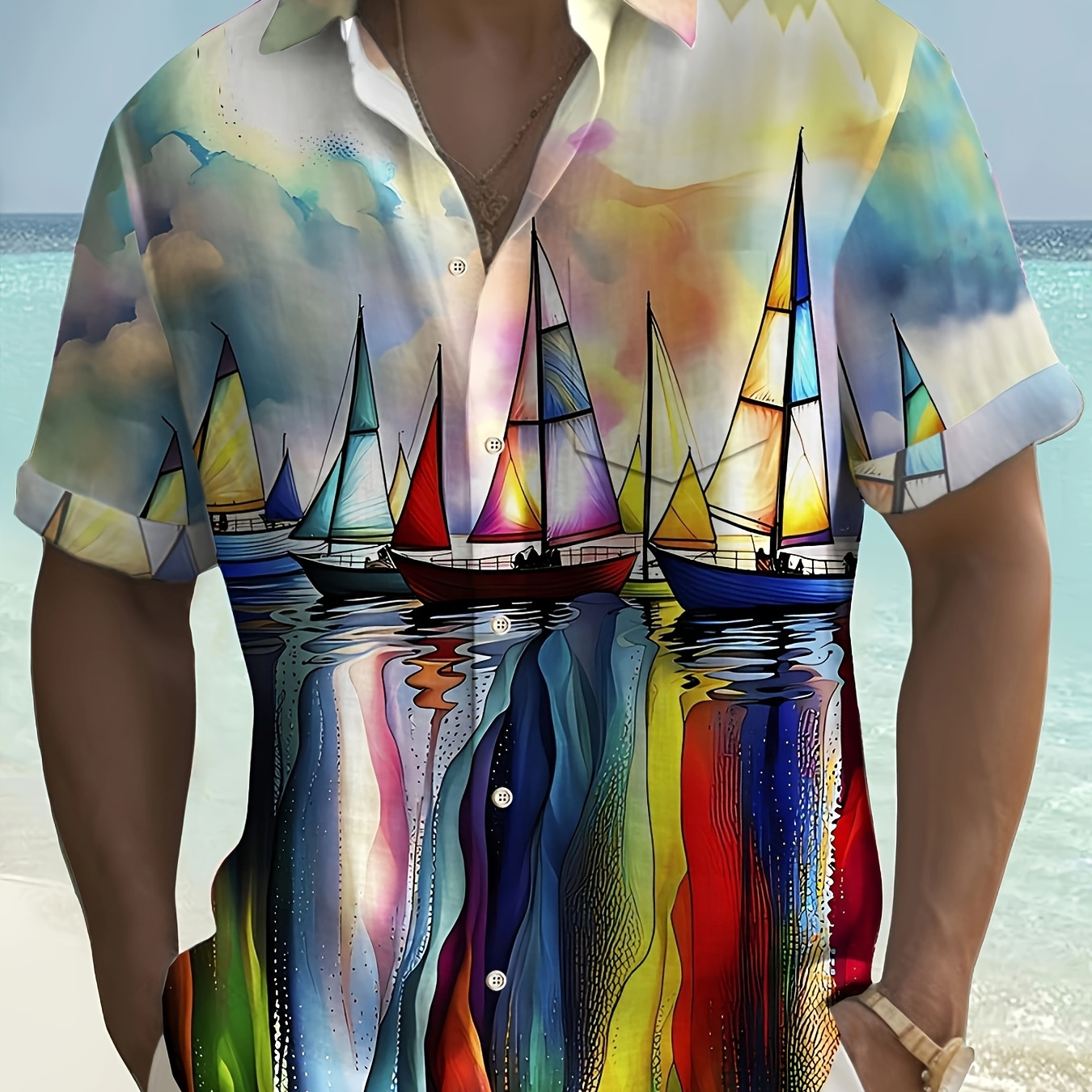 

Creative Stylish Boat Sea Pattern Tie Dye Sky Men's Lapel Short Sleeve Artistic Style Trendy T-shirt Versatile Top For Holiday Spring Summer Dates Holiday Leisure Vacation