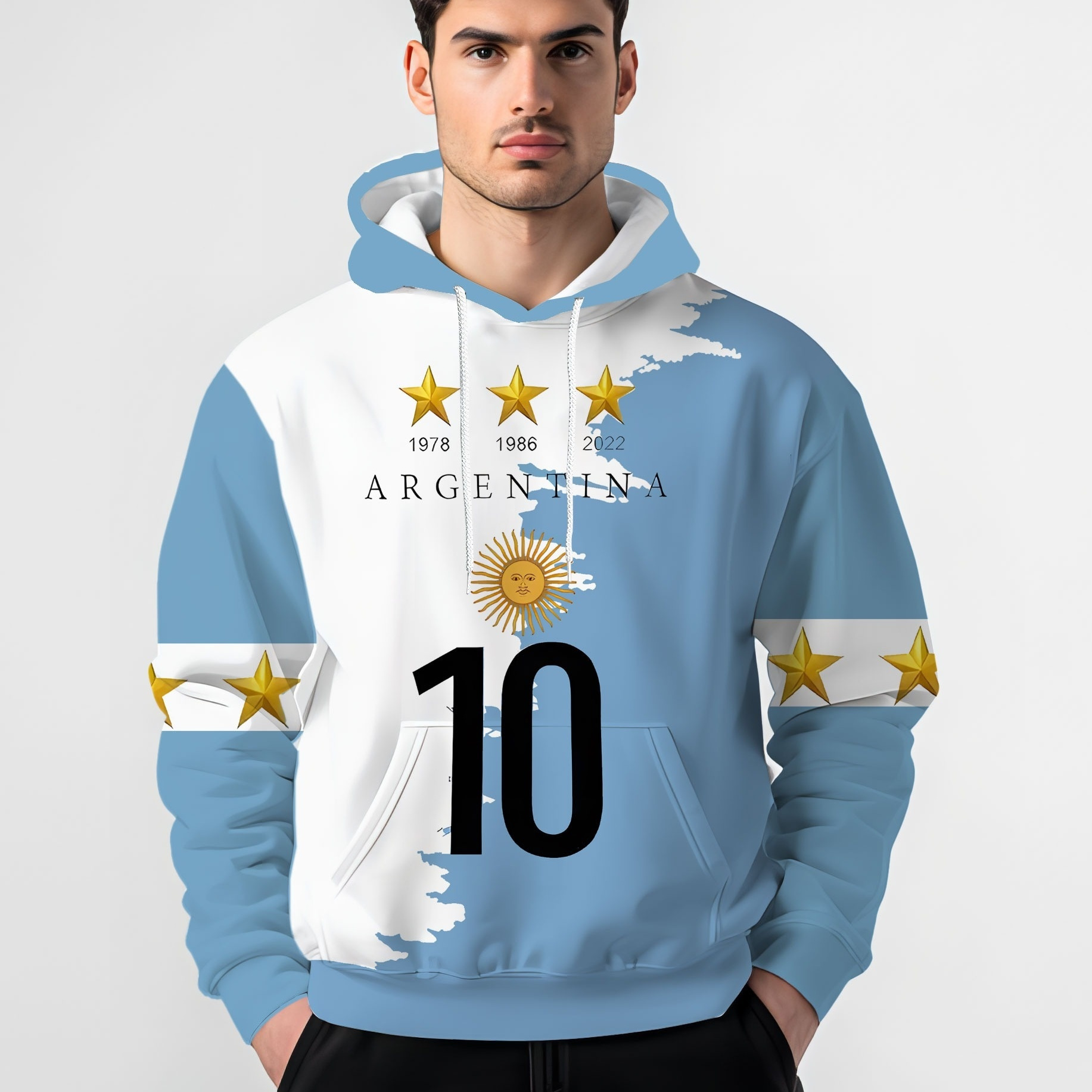 

Men's Casual 3d Printed Hoodie With Argentina Flag & - Stylish Blue And White Polyester Pullover With Drawstring, Machine Washable, Sweater Hoodie