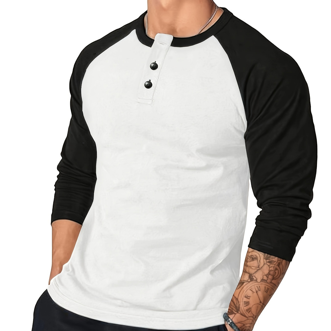 

Color Block Men's Long Sleeve Slim Fit Round Neck T-shirt With Half Button, Spring Fall Sports