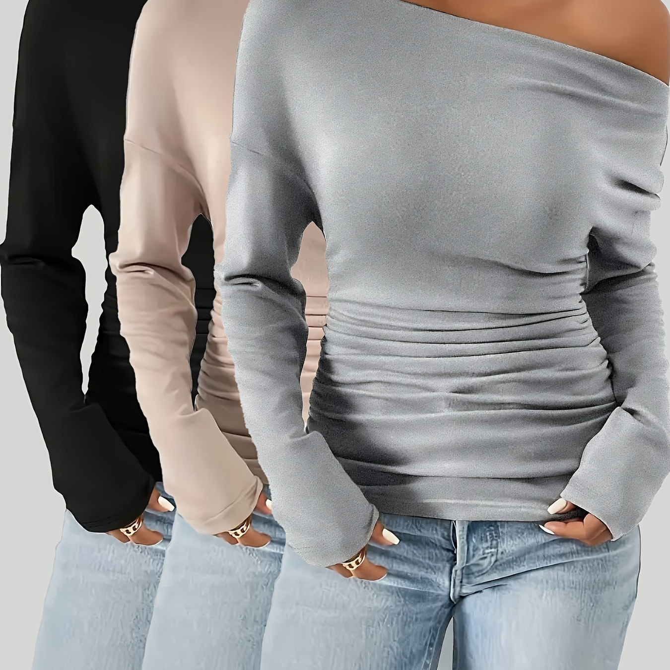 

3-pack Women's Elegant Off-shoulder Long Sleeve Tops, Solid Color Knit Polyester , Soft Comfortable Fall/winter Wear, 95% Polyester 5% Elastane, 180g/m² Fabric Weight