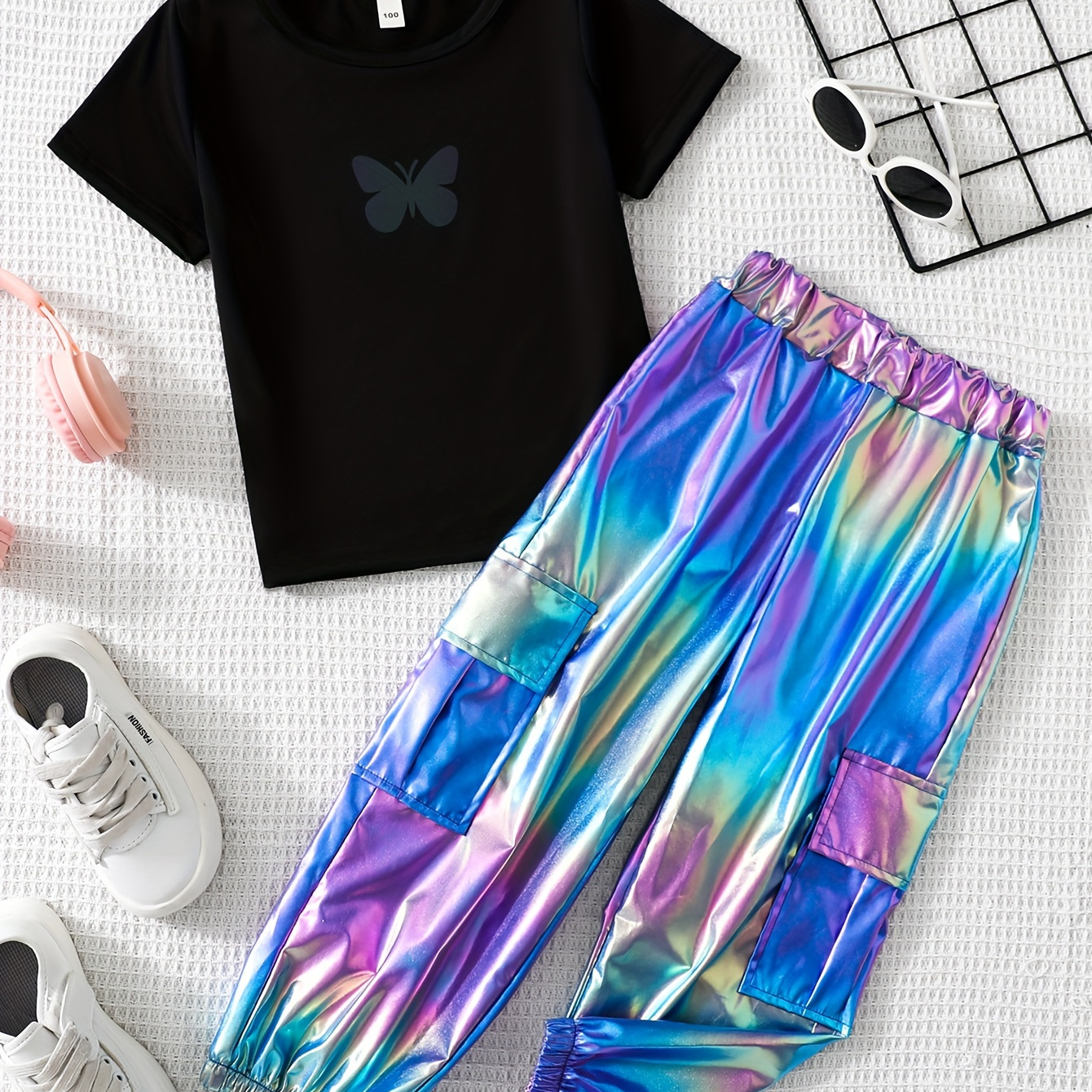 

2 Pcs Girl's Butterfly Graphic Tee + Metallic Cargo Pants Set Casual Going Out Girls Summer Clothes