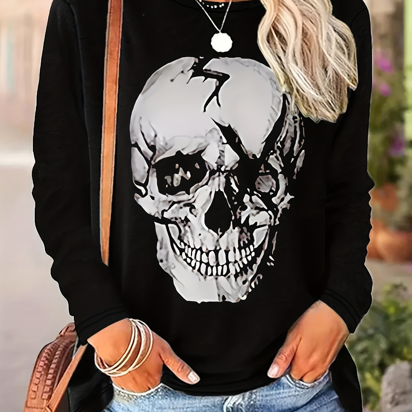 

Chic Skull Print Long Sleeve T-shirt For Women - Casual Crew Neck, Stretchy Polyester , Machine Washable - Spring & Fall