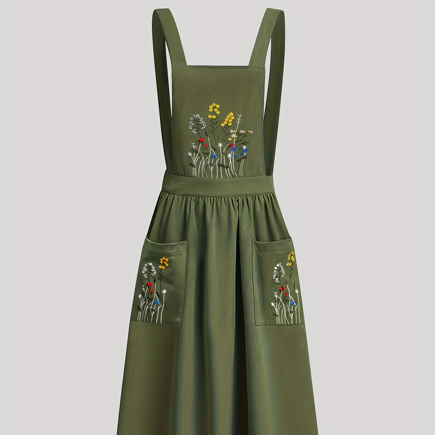 

Floral Embroidered Overall Dress, Chic Sleeveless Tucked Dress For Spring & Summer, Women's Clothing