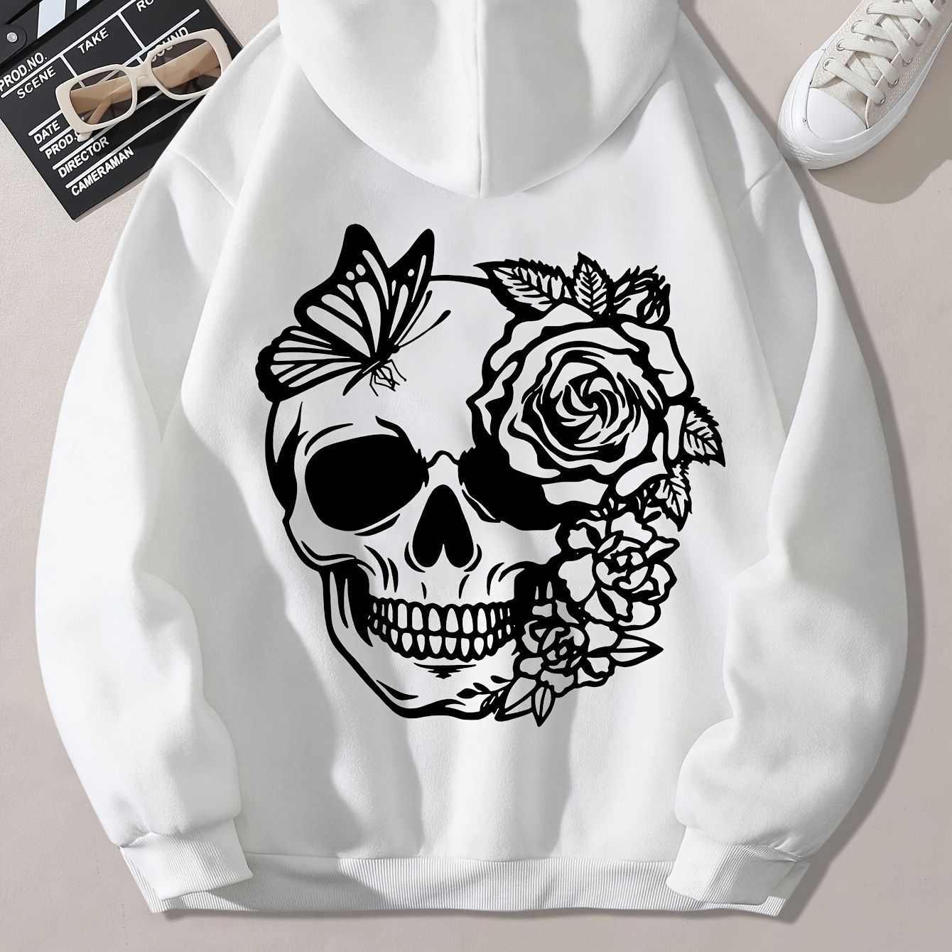 

Skull & Floral Print Kangaroo Pocket Hoodie, Casual Long Sleeve Drawstring Hoodies Sweatshirt, Women's Clothing