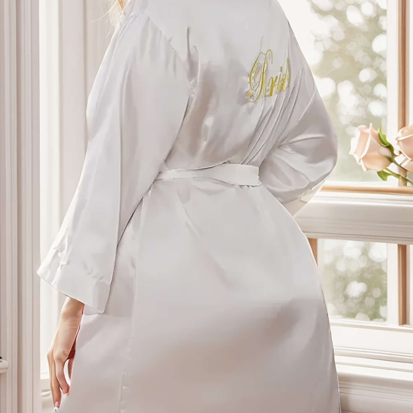 

Elegant Satin V-neck Robe With Belt, 100% Polyester Solid Color, Woven Gown For Adults, Spring/summer/fall Season