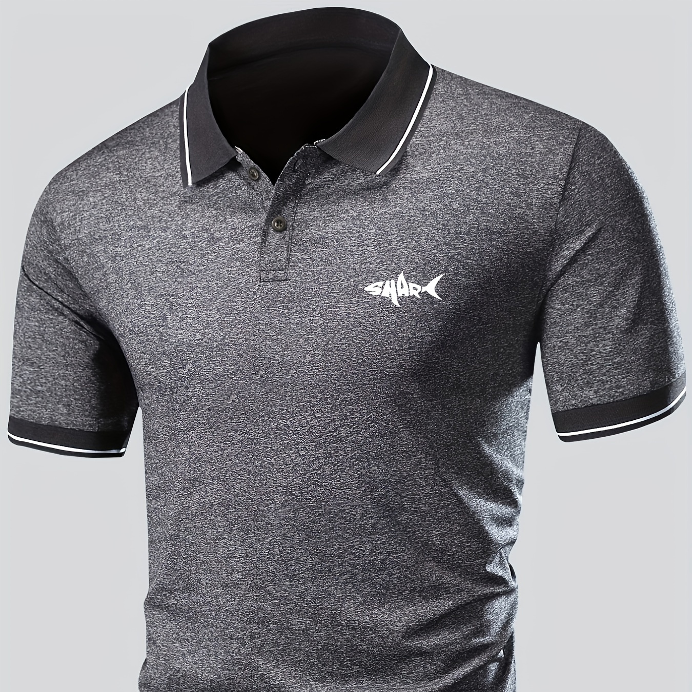 

Stylish Shark Print Men's Casual Button Up Short Sleeve Lightweight Polo Shirt, Men's Polo For Summer, Tops For Men