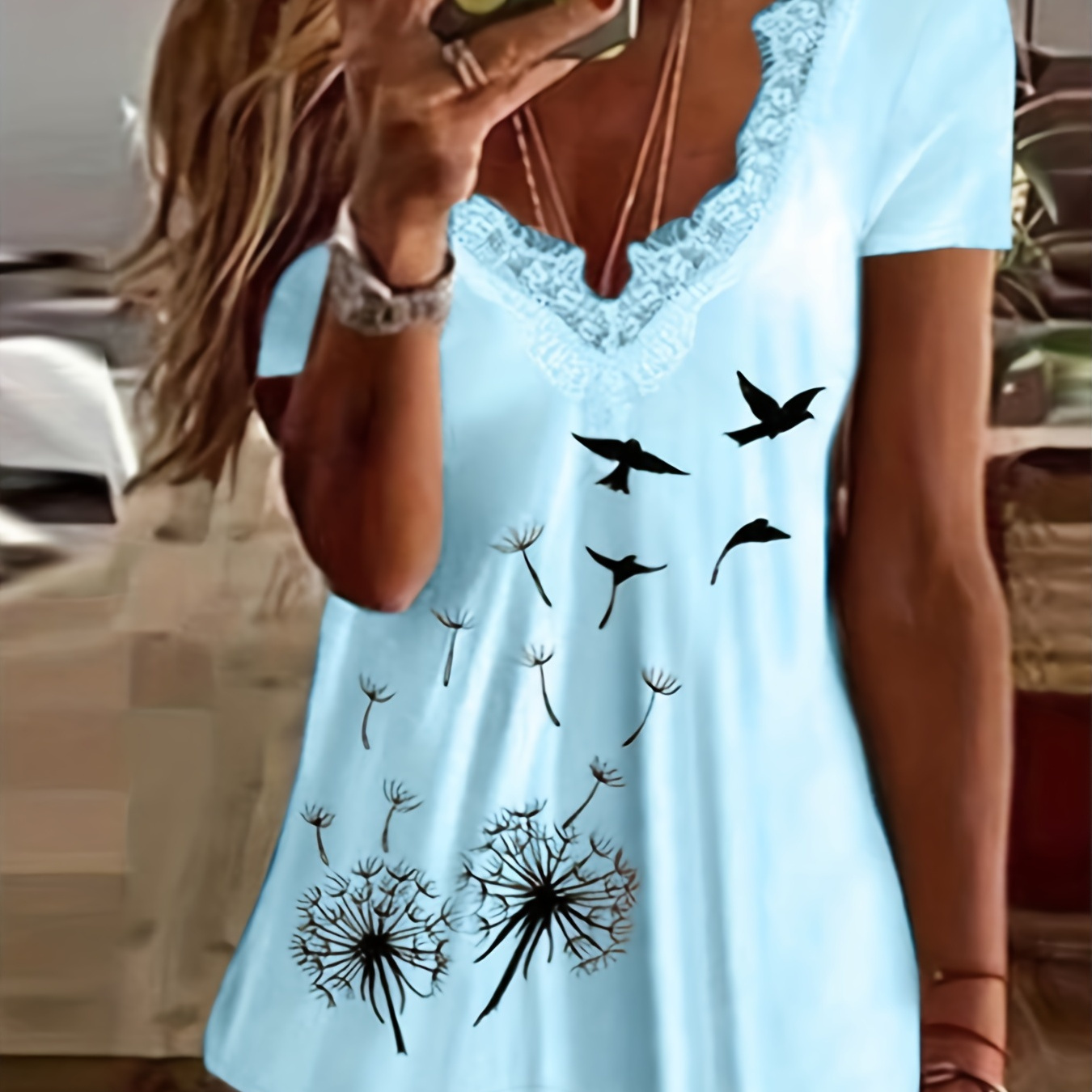 

Contrast Lace Dandelion Print T-shirt, Casual Short Sleeve T-shirt For Spring & Summer, Women's Clothing