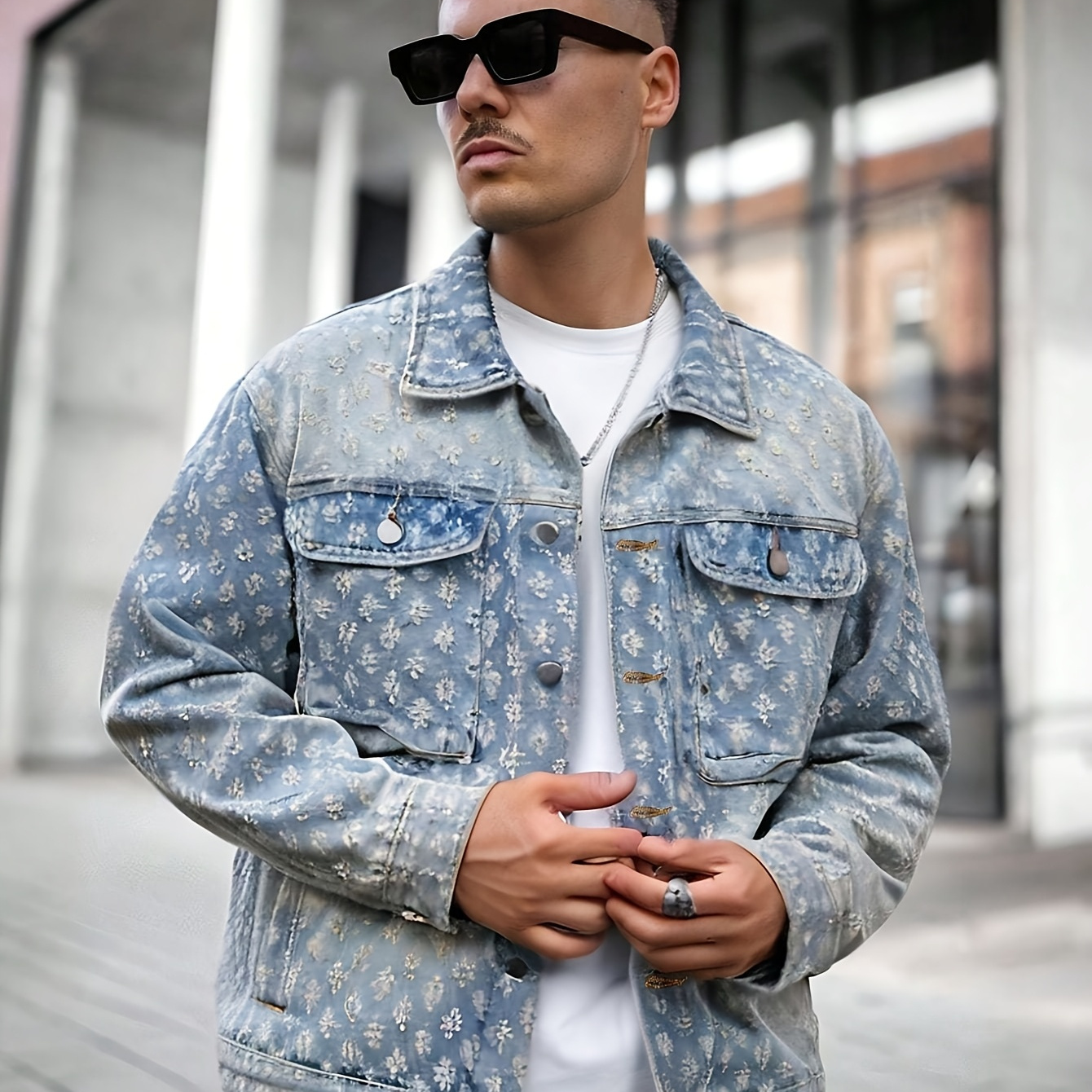 Men'S Vintage Streetwear Jacket - Non-Stretch Faux Denim-like Texture, Button-Front Closure, Drop Shoulder Sleeves - Urban Fashion Coat for Everyday & Formal Outfits - Retro Casual Outerwear, Durable Fabric, Street Style, Classic Design, Sturdy Construction, Young Adults