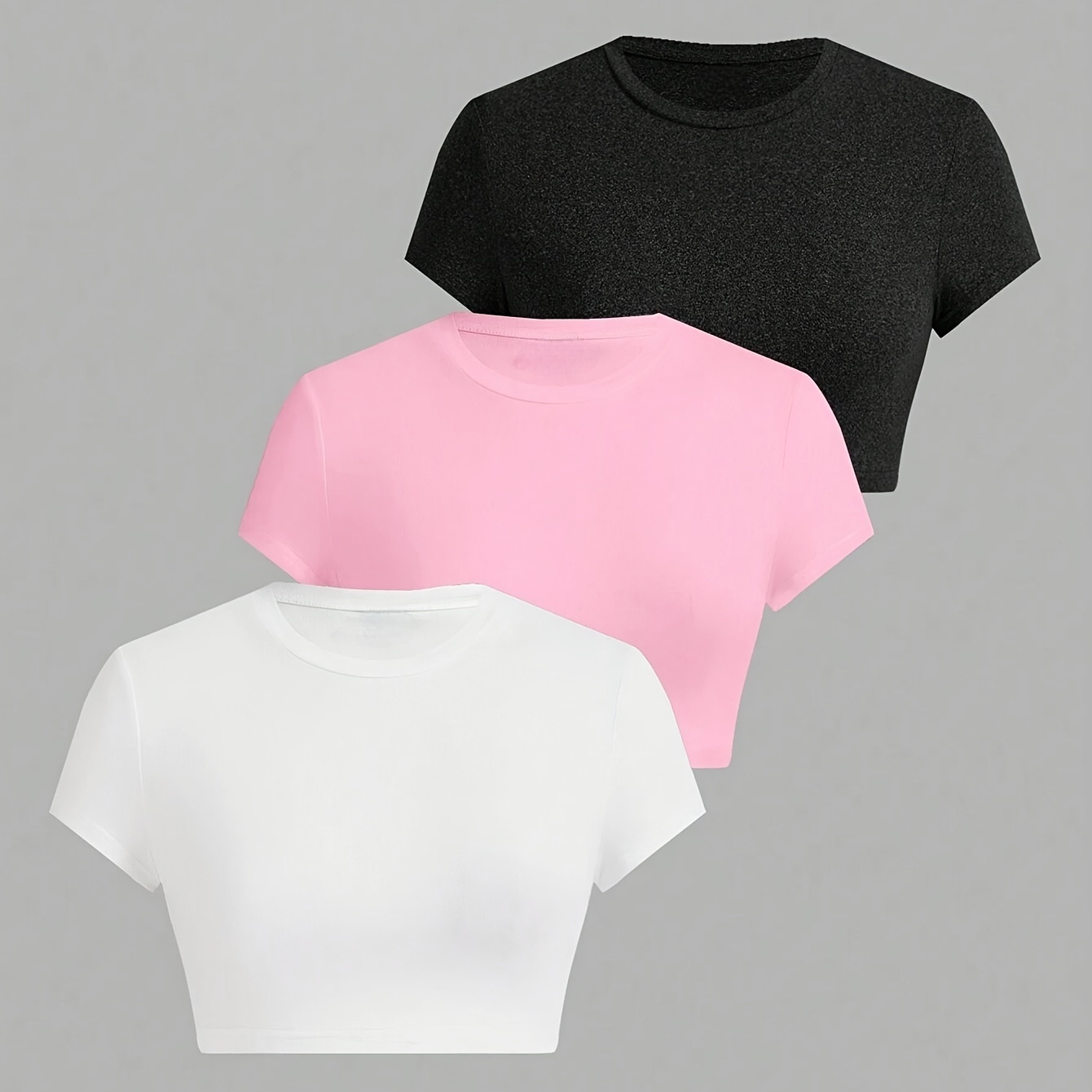 

3pcs Women's Crop Top T-shirts - Elegant Short Sleeve, Stretchy Polyester & Elastane Blend, Machine Washable, Round Neck In Black, White, Red, Versatile Clothing | Round Neckline Top | Knit Texture