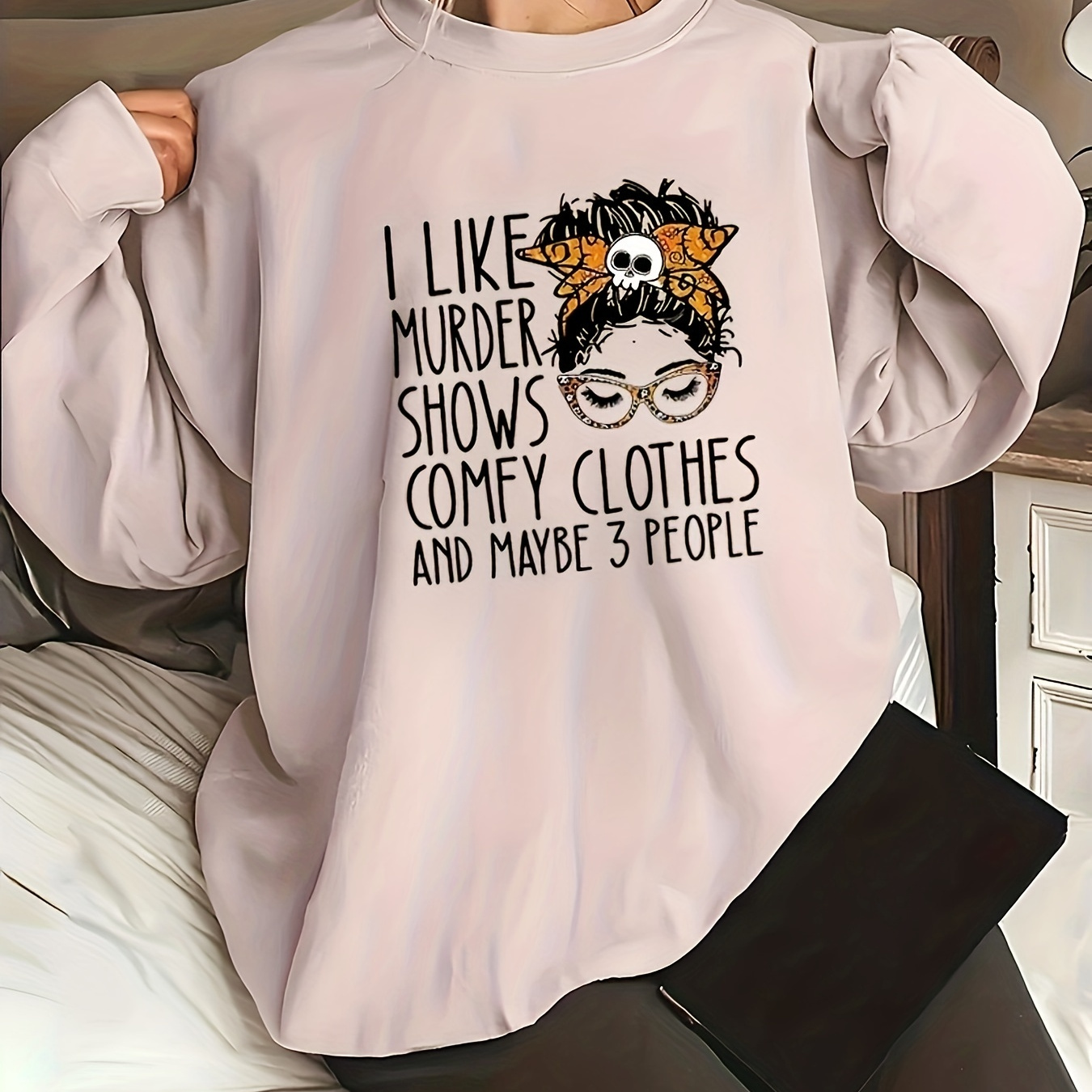 

Plus Size Casual Sweatshirt, Women's Plus Cartoon Figure & Slogan Print Long Sleeve Crew Neck Slight Stretch Pullover Sweatshirt, Casual Tops For Fall & Winter, Plus Size Women's Clothing