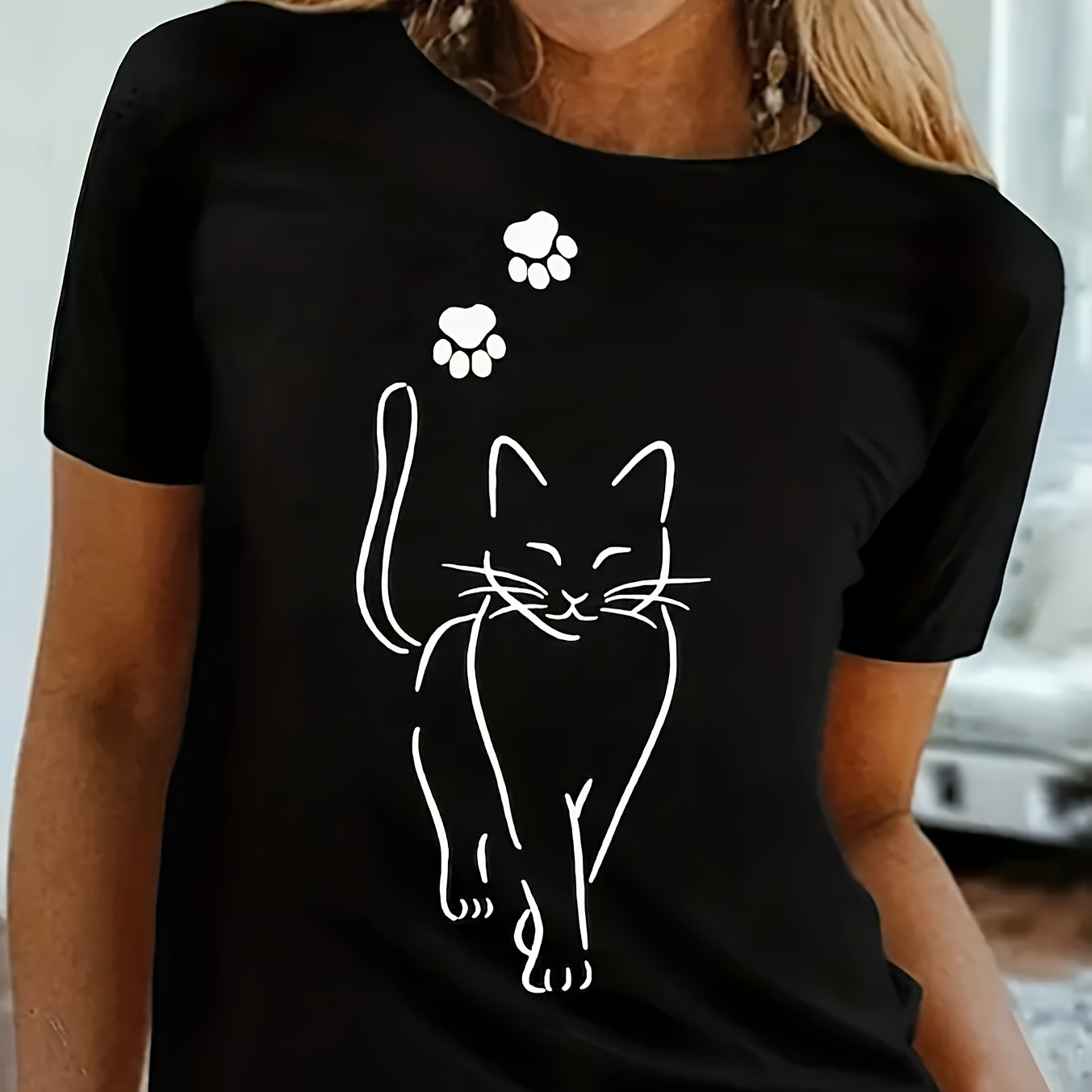 

T-shirt imprimé chat, haut décontracté à manches courtes et col rond pour l'été et le printemps, vêtements pour femmes