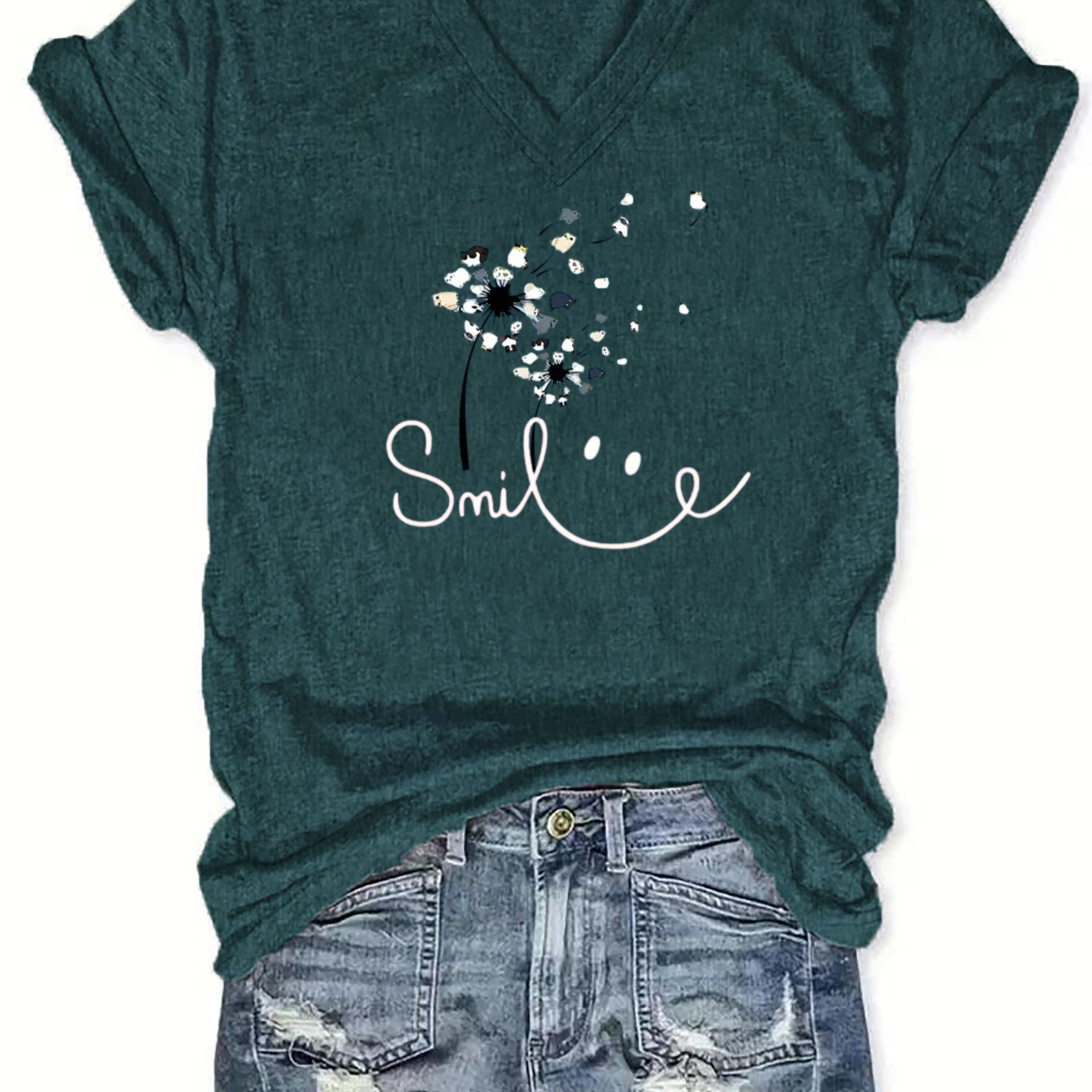 

Smile Print V Neck T-shirt, Casual Short Sleeve Top For Spring & Summer, Women's Clothing