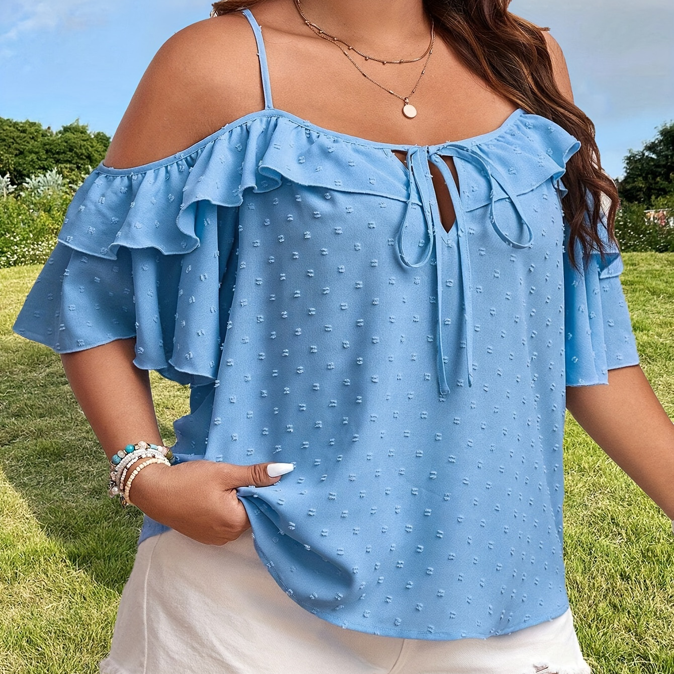 

Plus Size Swiss Dots Solid Top, Elegant Ruffle Cold Shoulder Lace Up Short Sleeve Top, Women's Plus Size clothing