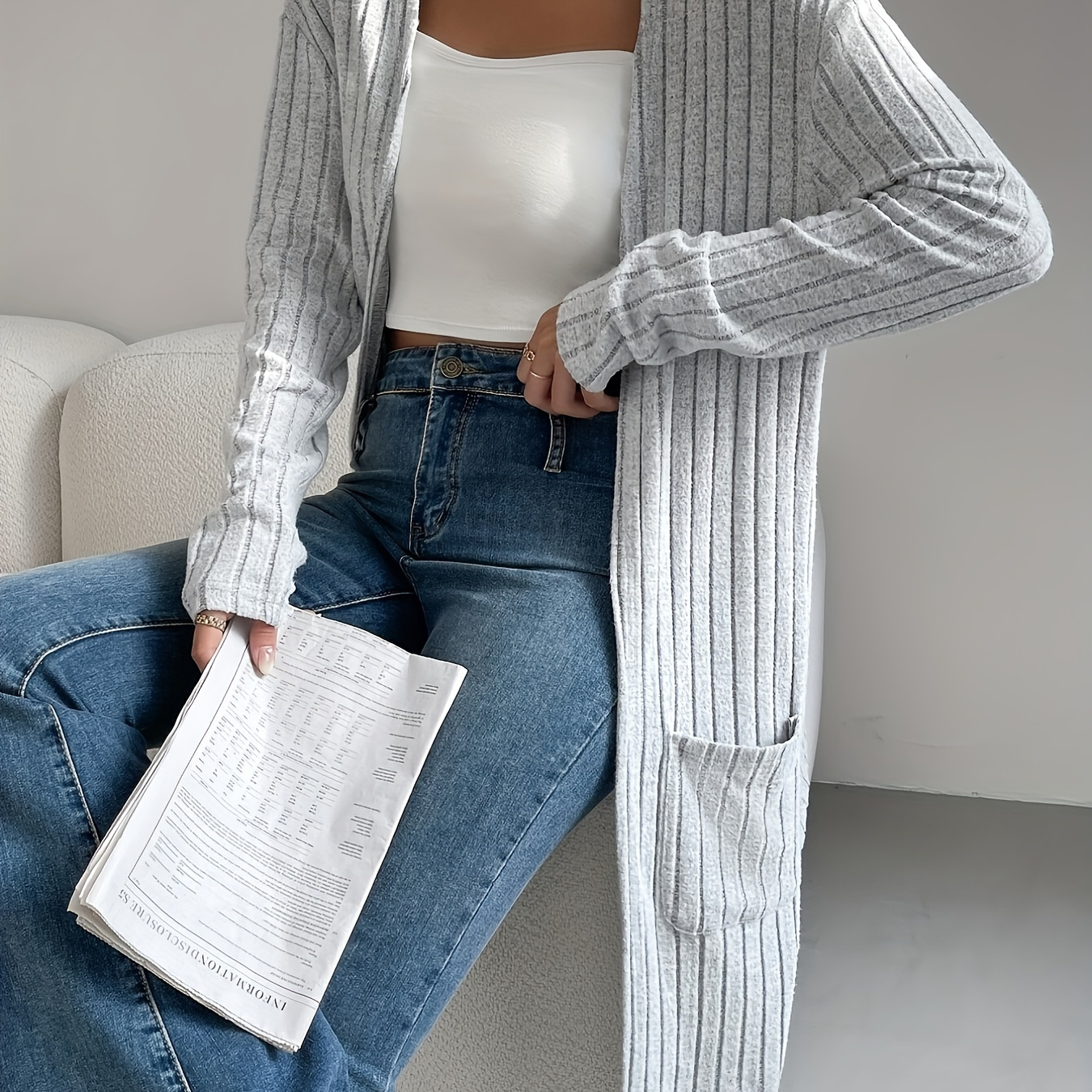 

Solid Open Front Rib Knit Cardigan, Casual Long Sleeve Mid Length Sweater With Pocket, Women's Clothing