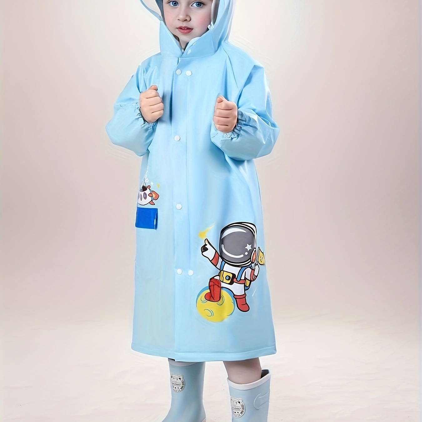 

Boys Girls Casual Cartoon Astronaut Print Waterproof Hooded Raincoat, Long Sleeve Zip Up Hooded Rain Poncho With Schoolbag Position, Kids Rainsuit Outdoor