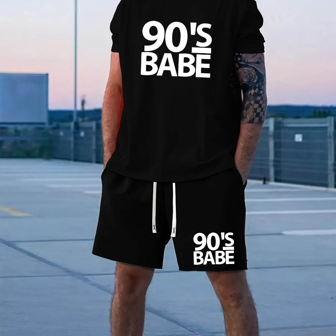 

Men's 90's Letter Pattern Short Sleeve T-shirt & Matching Drawstring Shorts Casual Trendy Outfits For Spring Summer