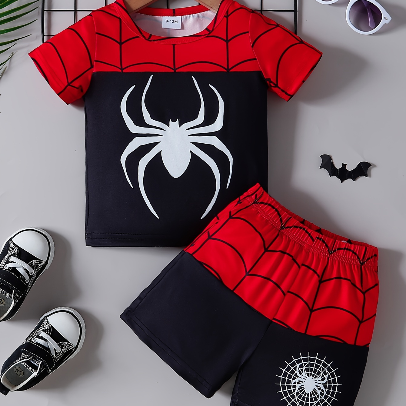 

2pcs Baby's Cartoon Spider Print Summer Set, Trendy Color Clash T-shirt & Shorts, Baby Boy's Clothing, As Gift