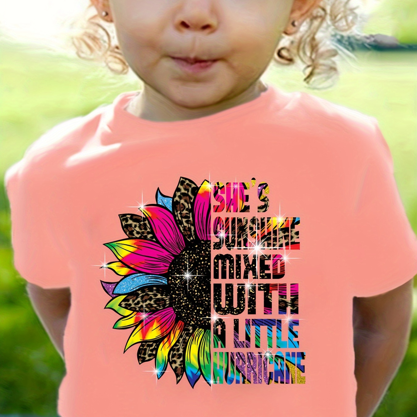 

100% Cotton Shiny Rainbow Sunflower & Letter Print T-shirt Short Sleeve Tees Summer Gift For Toddler Girls