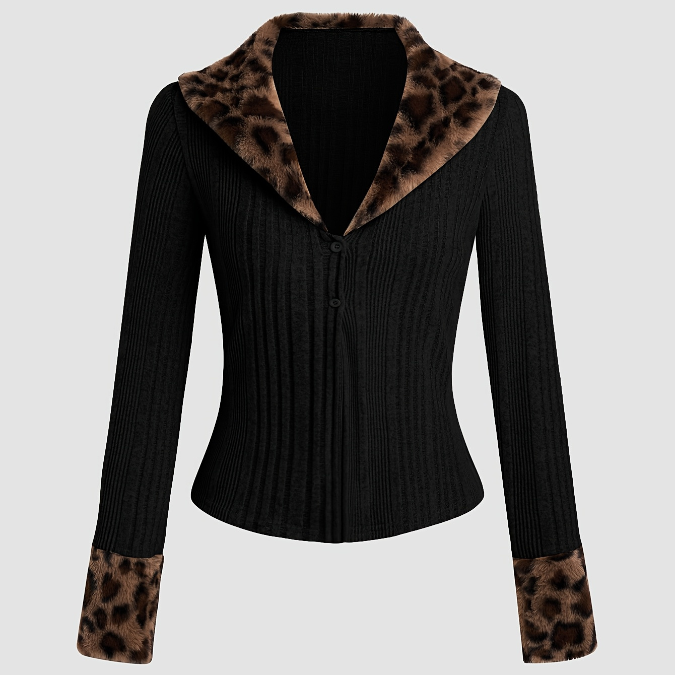 

Leopard Lapel Button Front Cardigan, Chic Long Sleeve Slim Cardigan For Fall & Winter, Women's Clothing