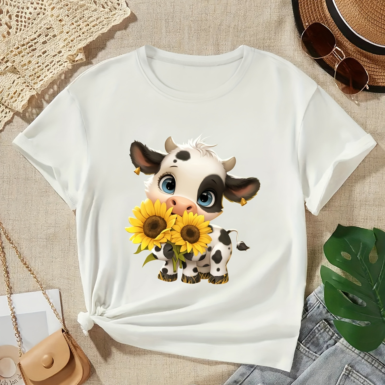 

Cow And Sunflower Graphic Print Creative T-shirts, Soft & Elastic Comfy Crew Neck Short Sleeve Tee, Girls' Summer Tops