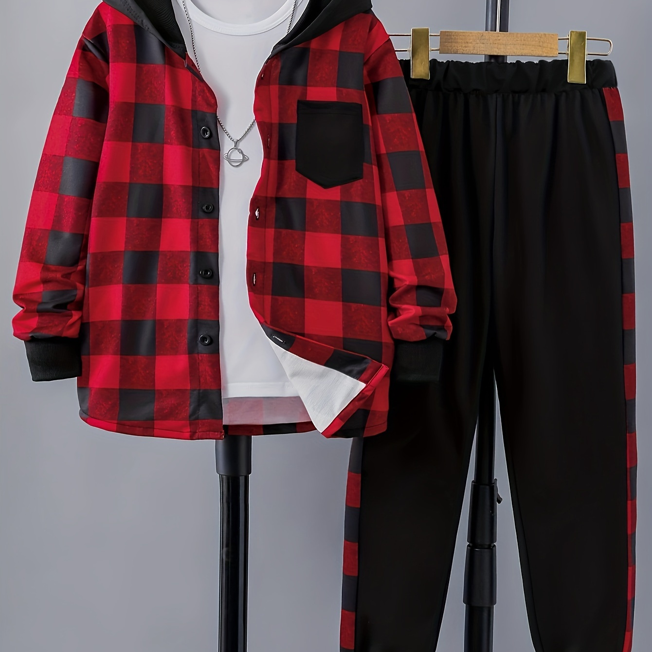 

2pcs Boy's Plaid Pattern Hooded Long Sleeve Jacket + Jogger Pants, Co-ord Casual Comfy Set For Autumn As Gift