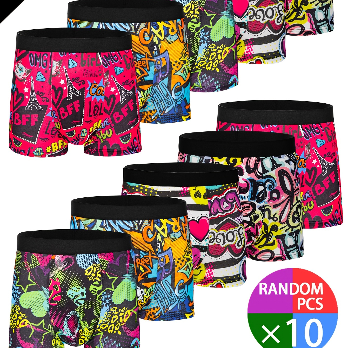 

10-pack Men's Boxer Briefs, Assorted Trendy Graffiti Prints, Casual Geometric Pattern Underwear, High Stretch Polyester Knit Fabric, 95% Polyester 5% Elastane Shortie Panties