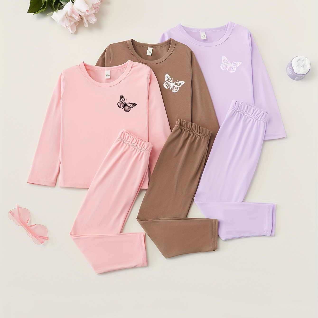 

3 Sets Girl's Casual Outfit 2pcs, Butterfly Pattern Long Sleeve Top & Pants Set, Kid's Clothes For Spring Fall ( Thin Fabris)