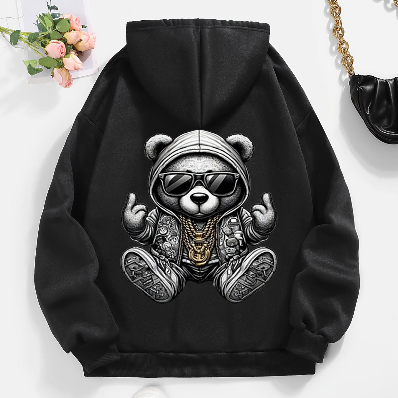 

[] Women's Casual Graphic Hoodie With Cool Print - Stylish Black Polyester Sweatshirt With & Fashion Glasses Detail, Drawstring Hood For Fall & Winter