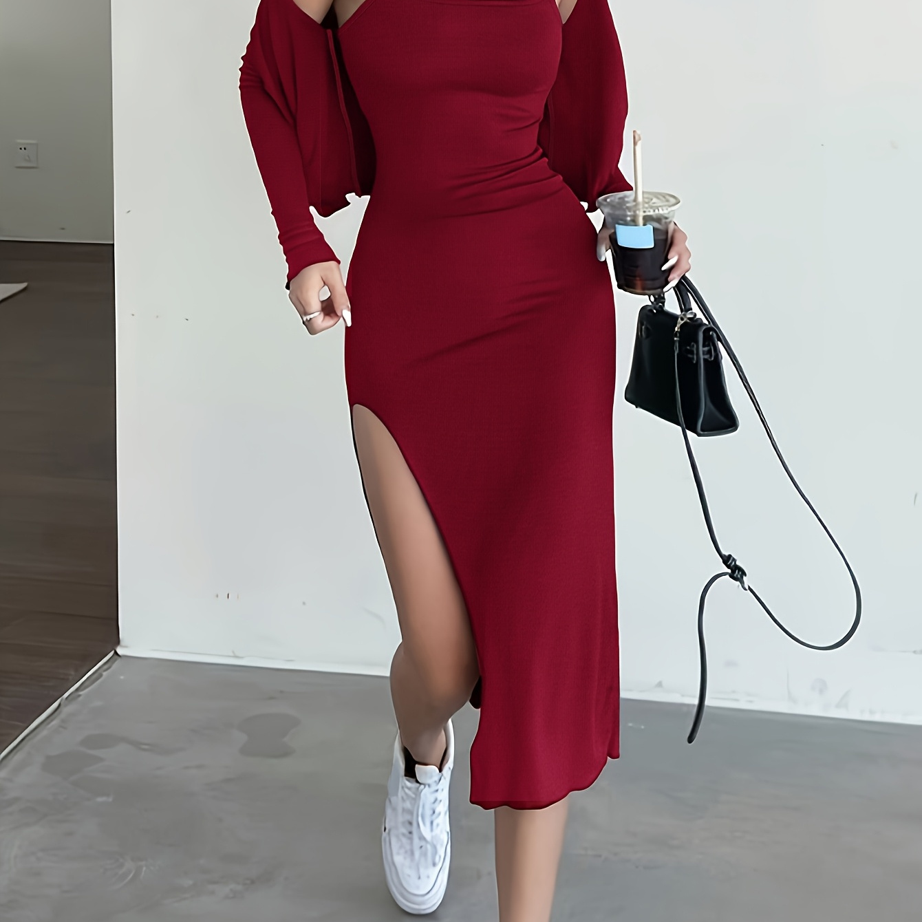 

Women' And Sexy Sleeveless Dress With A Slit Design, With A Long-sleeve Cardigan Set.