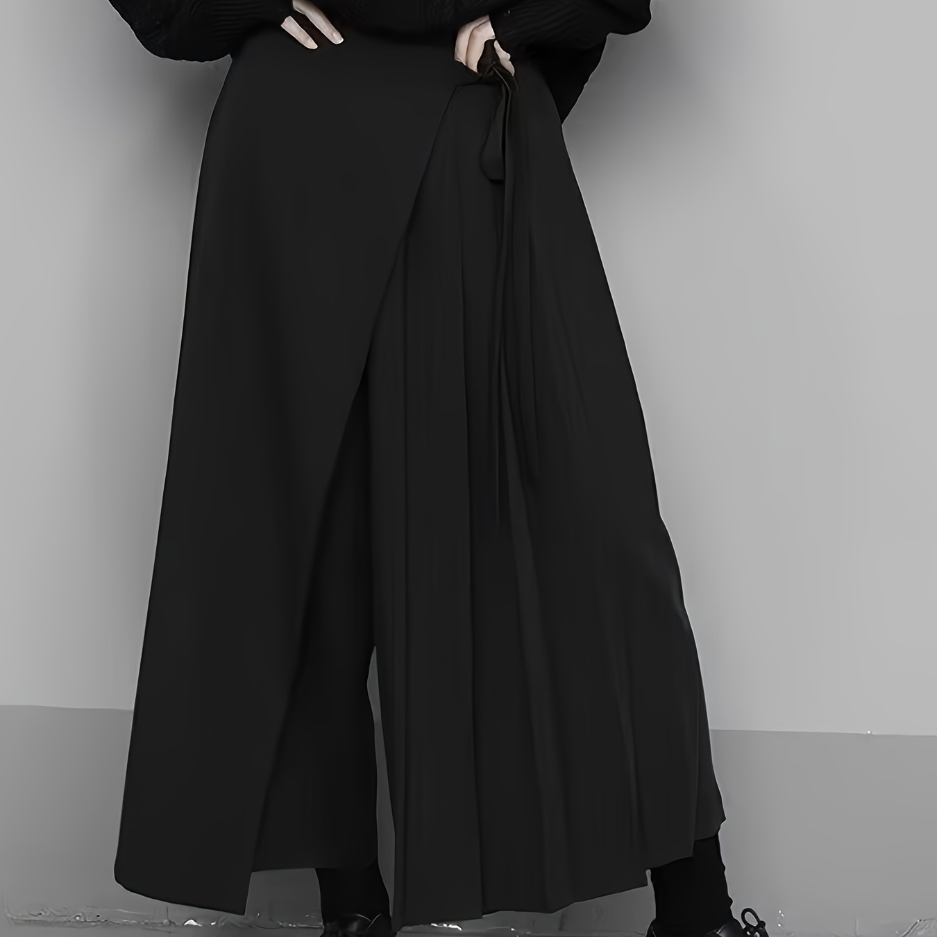 

Elegant Black Pleated Skirt Pants For Women - High-waisted, Wide-leg Design With Asymmetrical Hem, Lightweight Polyester, Fall & Winter