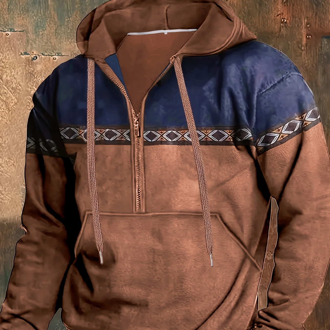 

Men's Zip-up Hoodie - Casual Long Sleeve With Geometric Tribal Pattern, Drawstring Hood, And Front Pockets For Outdoor