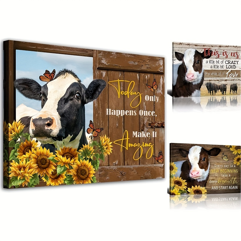 1pc Rustic Farm Cow Wall Art Inspirational Sunflower Cow Canvas Print ...