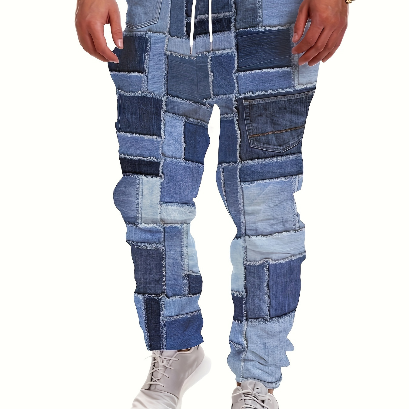 

Men's Polyester Patchwork Denim-style Joggers With Pockets, Regular Fit Straight Leg Streetwear Pants With Striped Pattern And Slight Stretch For All Seasons