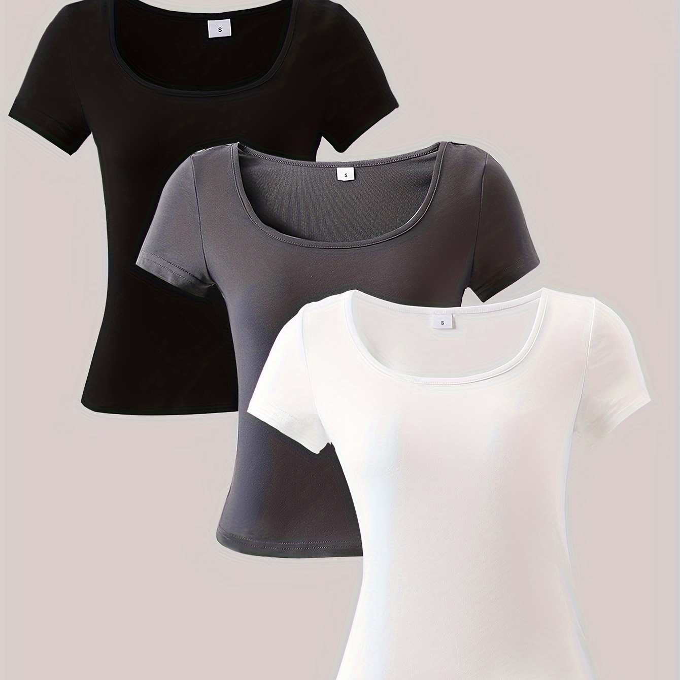 

3pcs Plain Color Crew Neck T-shirt, Casual Short Sleeve Slim Top For , Women's Clothing