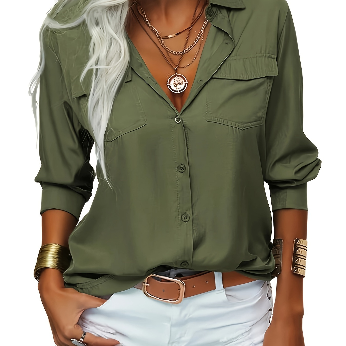 

Womens Solid Lapel Long Sleeves Button Shirt Top Office Blouse