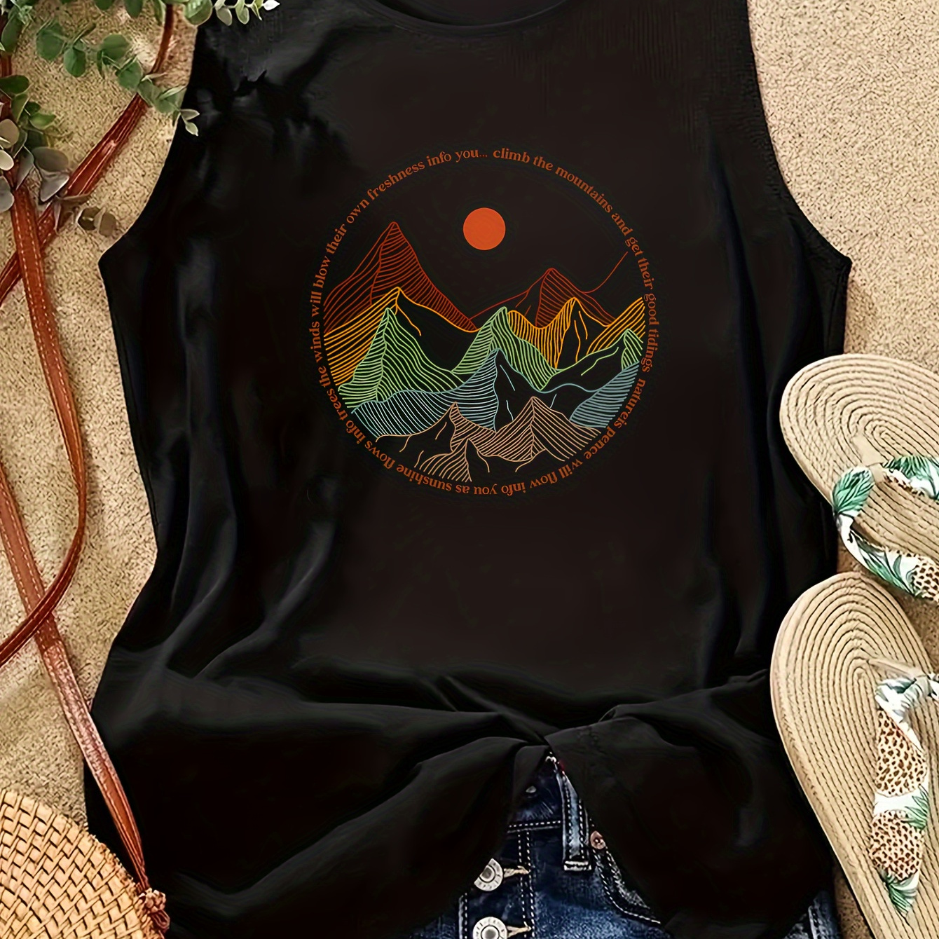 

Women's Summer Comfortable Fashion Crew Neck Sunrise Mountain And River Print Graphic Casual Sports Tank Top