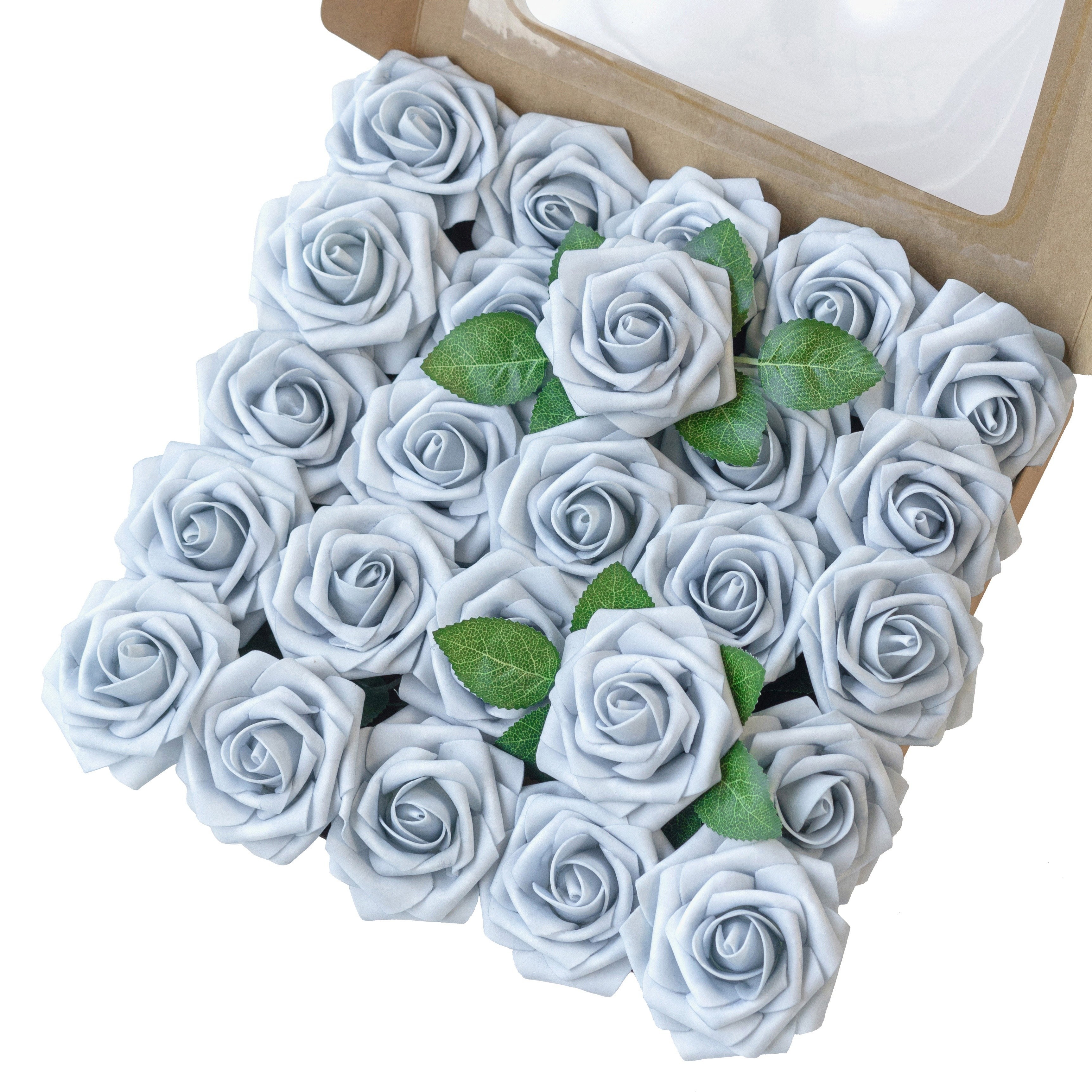 

25 roses artificielles bleu poudre - Fleurs artificielles à toucher réel avec tige pour mariages, fêtes et plus encore !