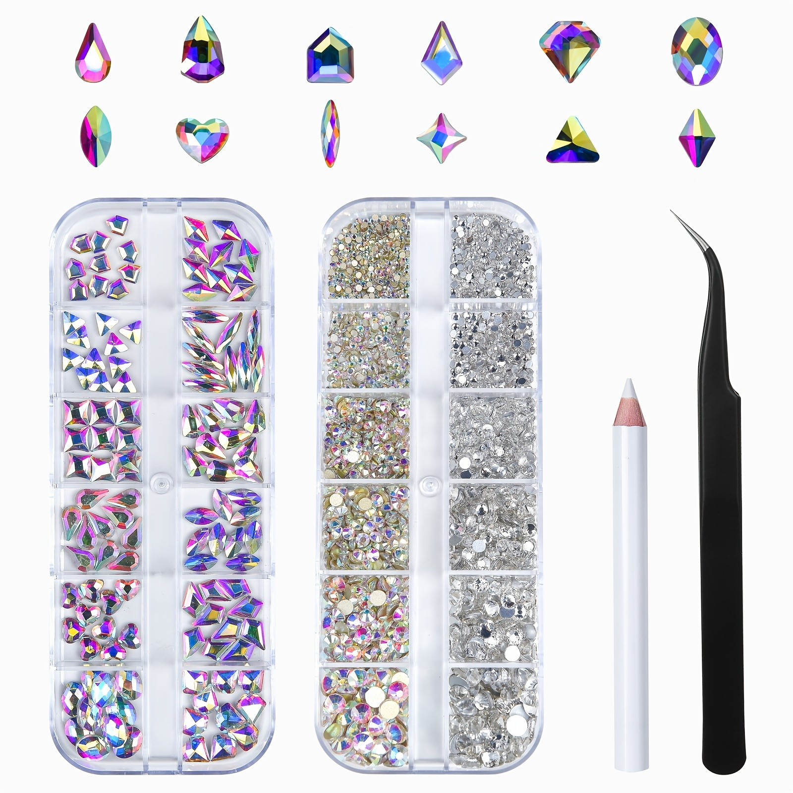 Beadsland Rhinestones for Makeup,8 Sizes 2500pcs Crystal Flatback  Rhinestones Face Gems for Nails Crafts with Tweezers and Wax  Pencil,Transparent