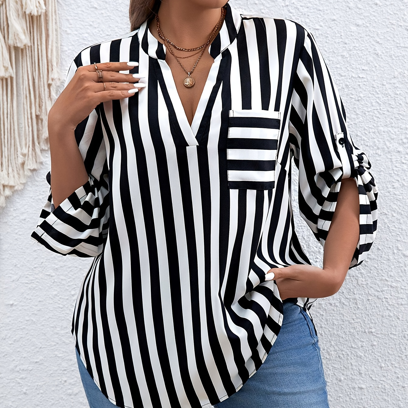 

Plus Size Striped Print Blouse, Casual V Neck Roll Tab Sleeve Blouse For Summer, Women's Plus Size clothing