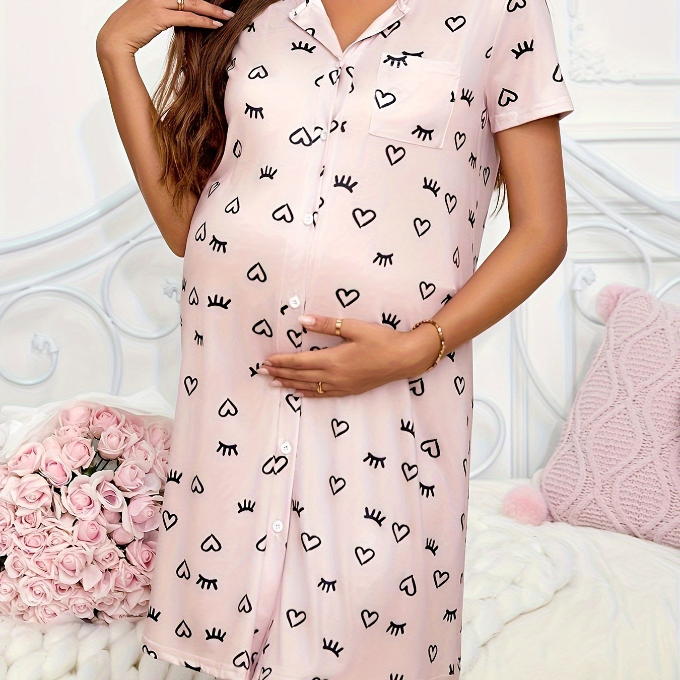 

Heart Print Maternity Nightgown With Buttons, Sleep Dress For Pregnant Women