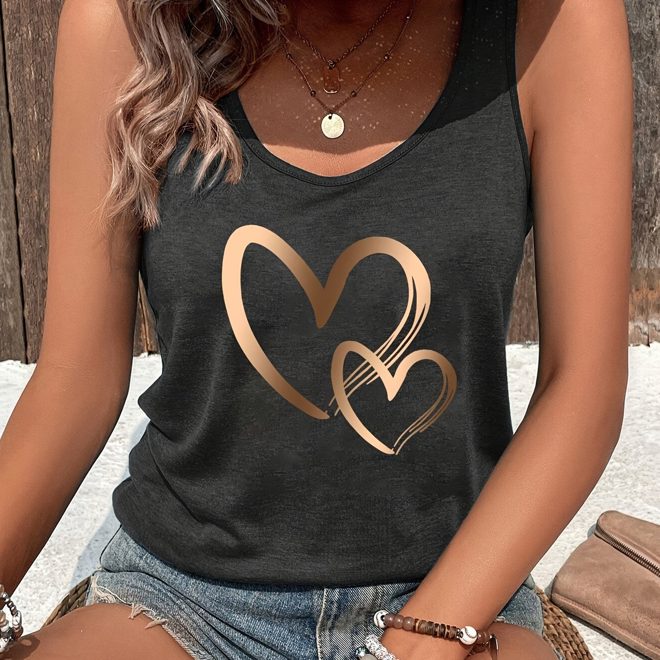 

Heart Print Crew Neck Tank Top, Casual Sleeveless Top For Summer, Women's Clothing