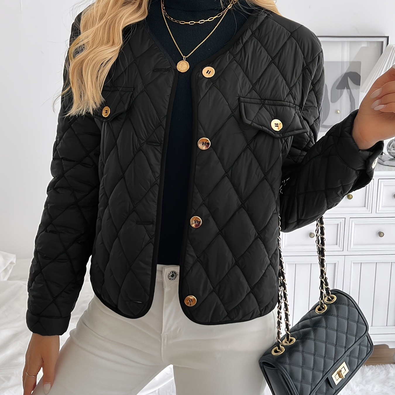 

Button Front Quilted Puffy Coat, Casual Long Sleeve Insulated Coat For Fall & Winter, Women's Clothing